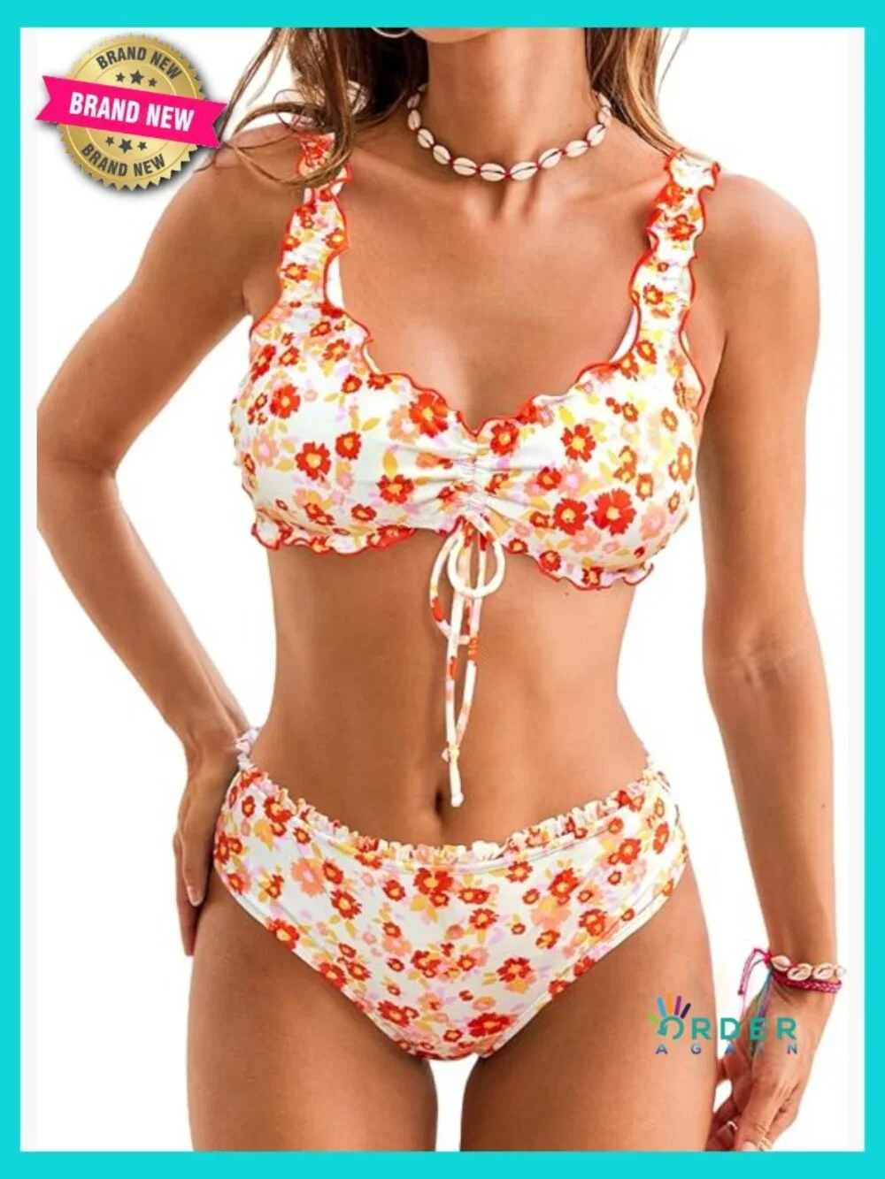 Women's Bikini Set Two Piece V Neck Ruffle Trim Bathing Suit Front Drawstring